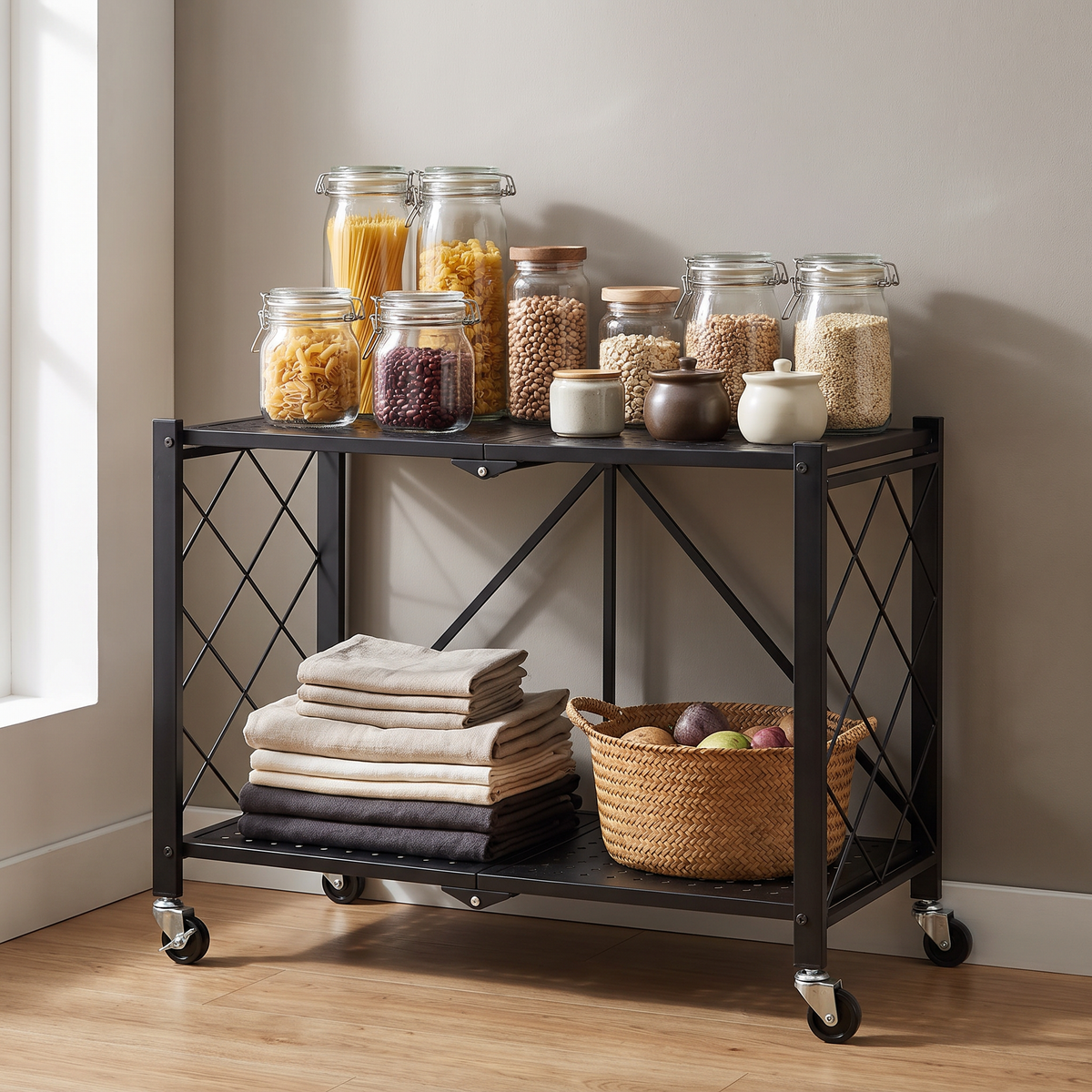 Black two-tier trolley with castors
