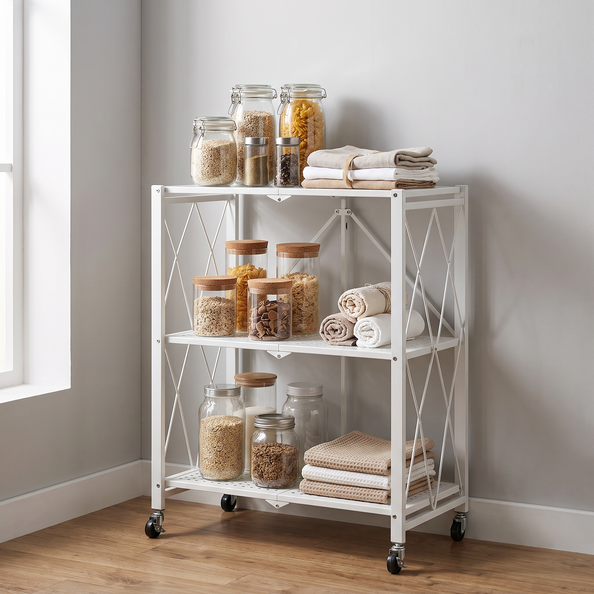 White three-tier trolley with castors