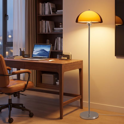 Bauhaus LED floor lamp with amber shade in a home office