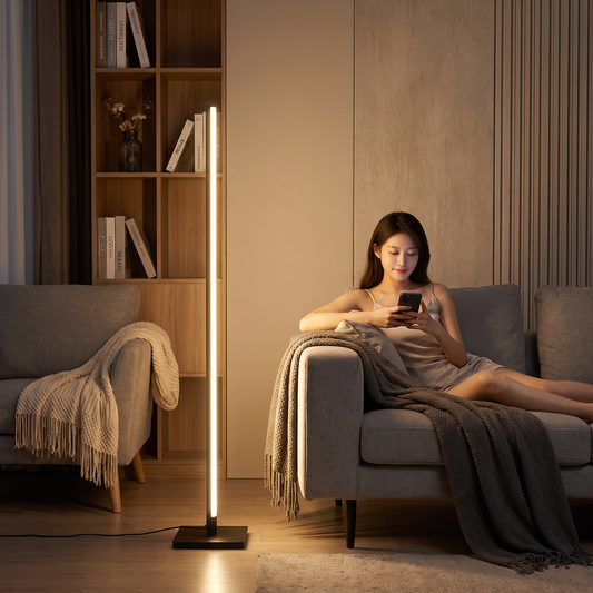 Smart voice sensor LED floor lamp in a living room at night