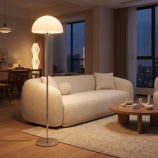 Bauhaus LED floor lamp with white dome in a modern living room