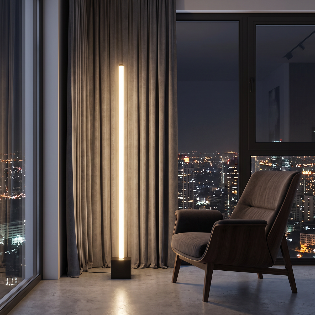 Slim LED floor lamp beside a city-view window