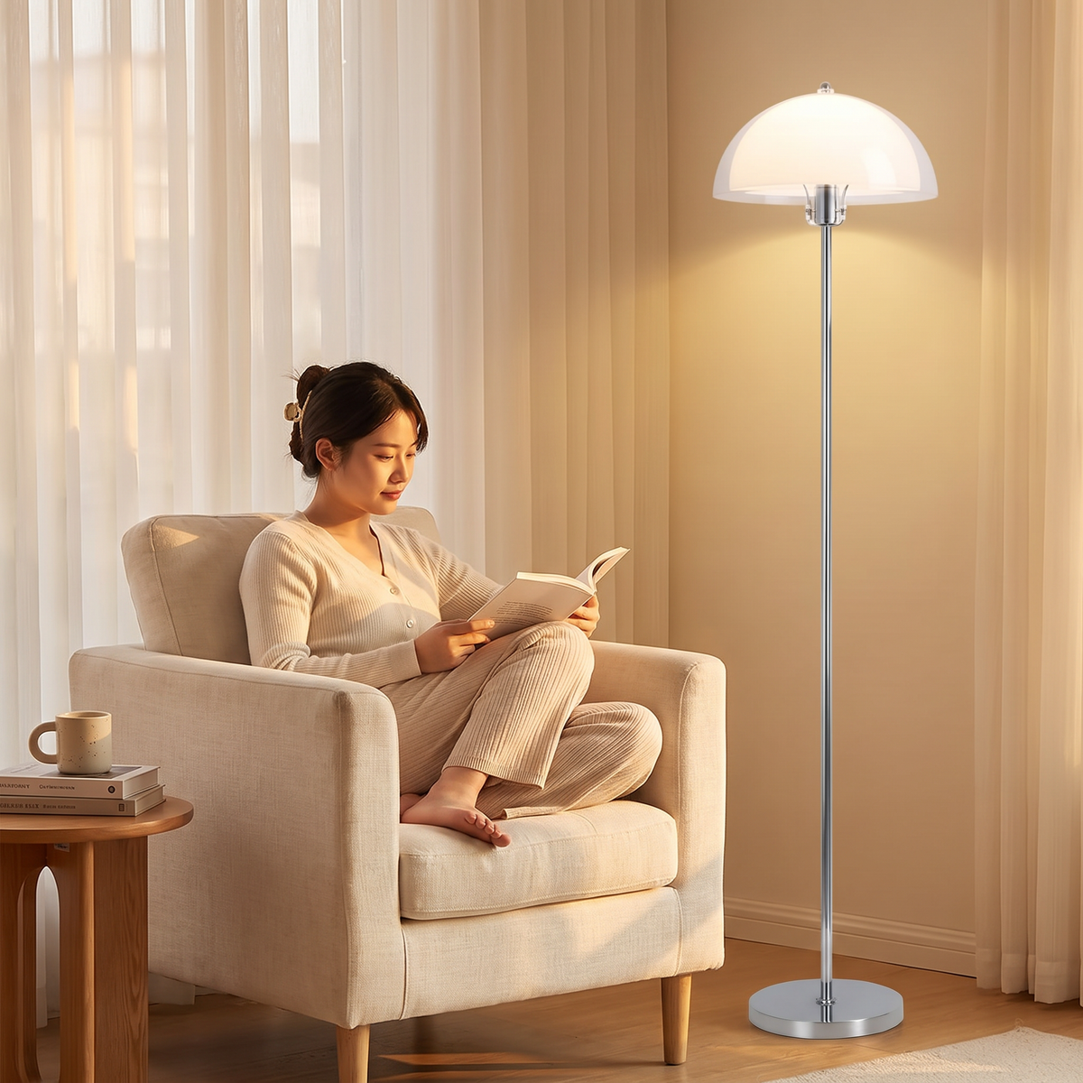 Bauhaus LED floor lamp beside a reading armchair