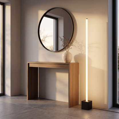 Slim LED floor lamp in an entryway