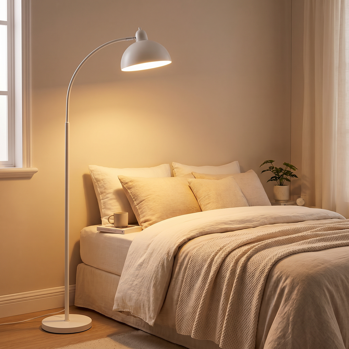 Scandinavian arc floor lamp in white beside a bed