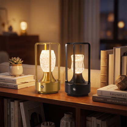 Gold and black cordless table lamps on a sideboard