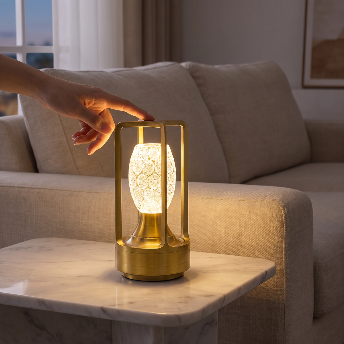 Touch control on the gold cordless table lamp