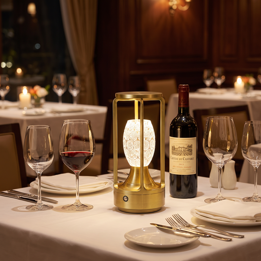 Gold cordless crystal table lamp on a dinner table