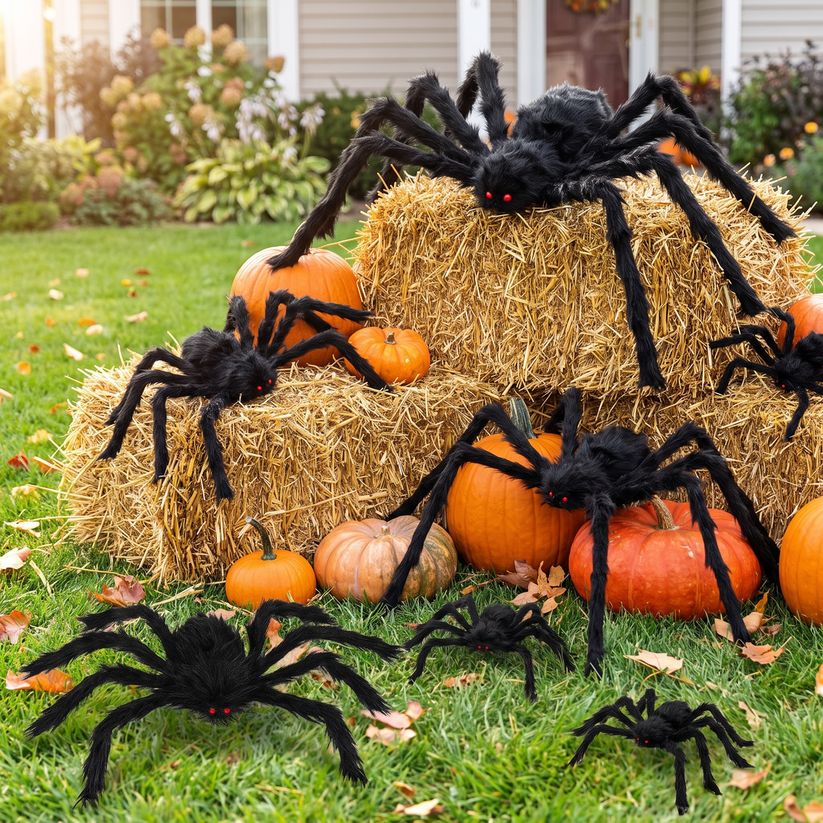 Halloween spiders in several sizes on a front lawn