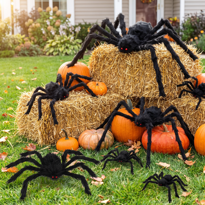 Halloween spiders in several sizes on a front lawn