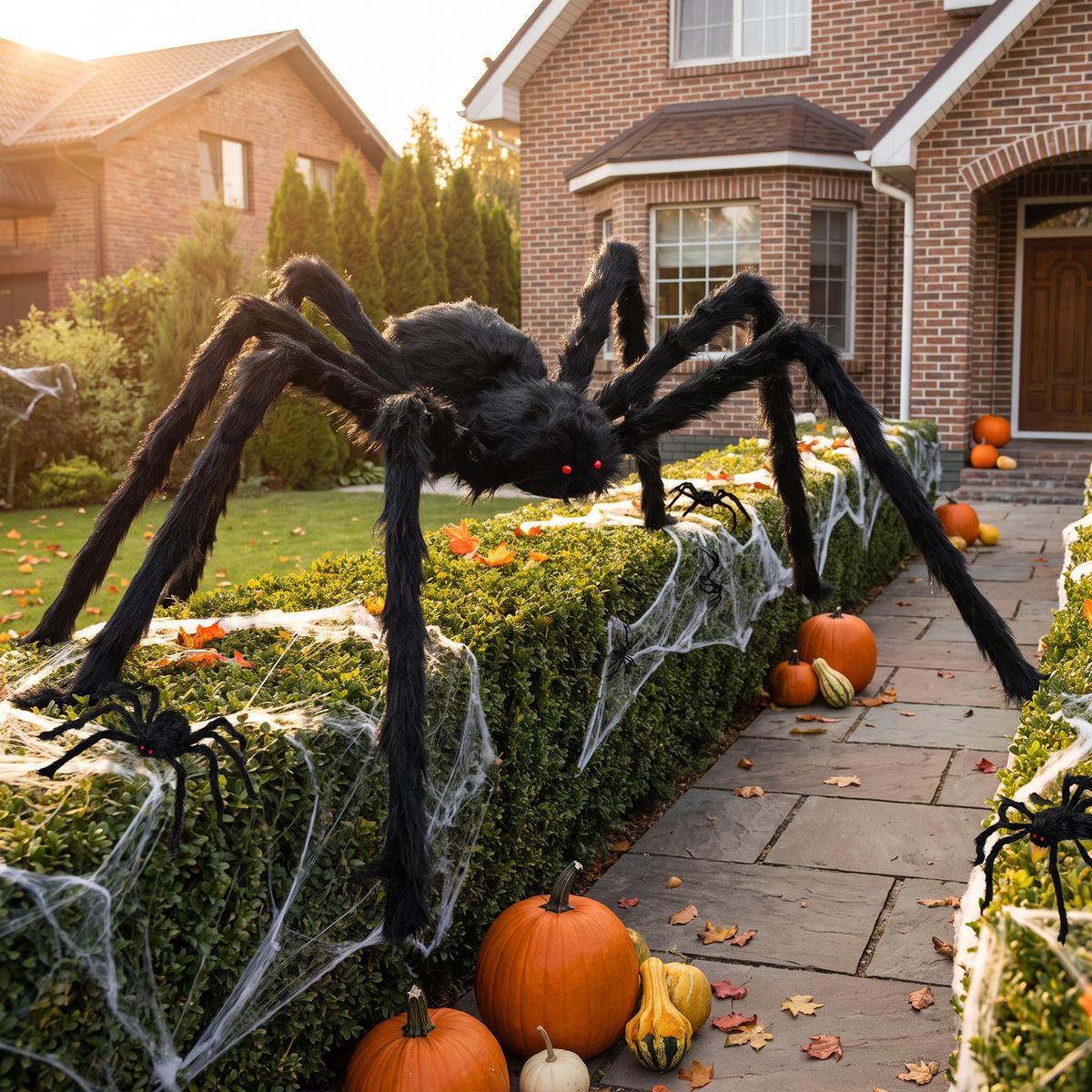 Halloween spider on a garden hedge