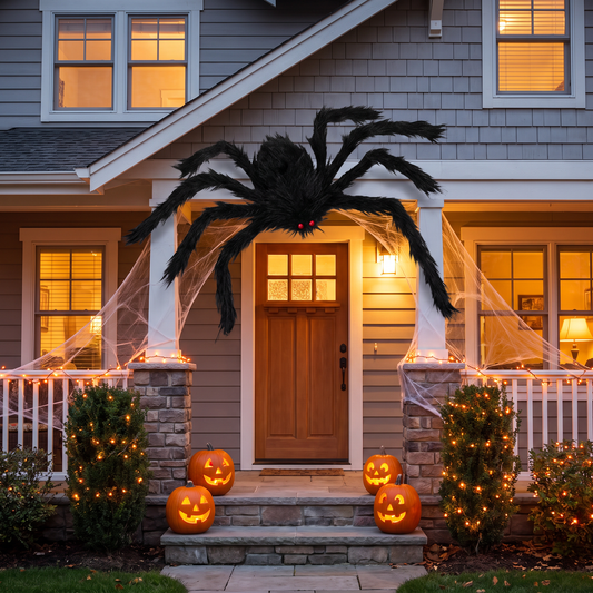 Giant Halloween spider on the front of a house