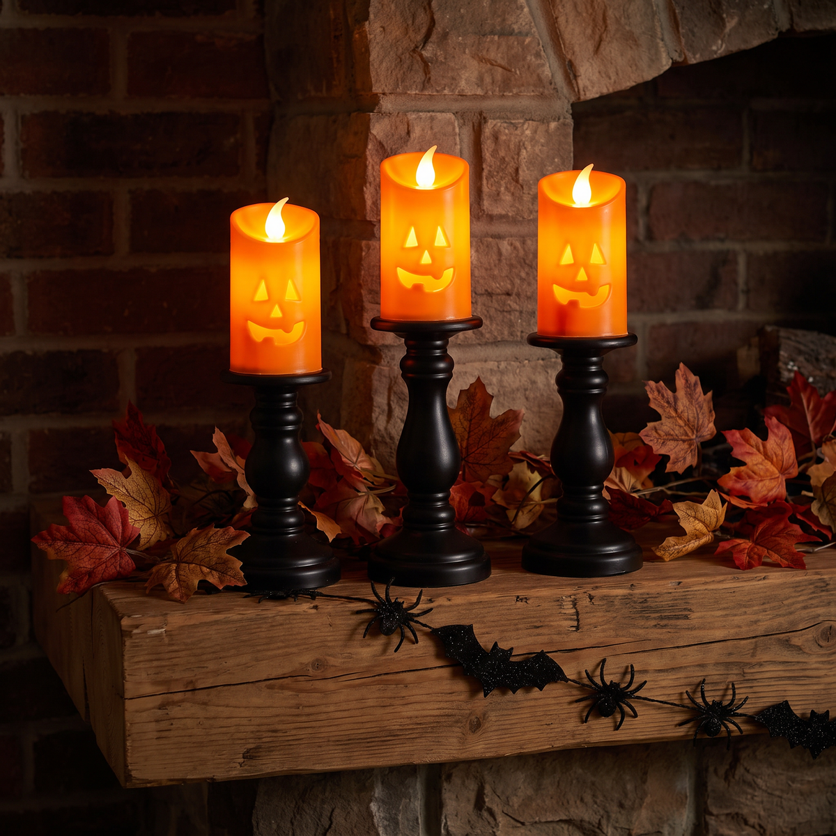 Pumpkin LED candles on black candlesticks on a mantel