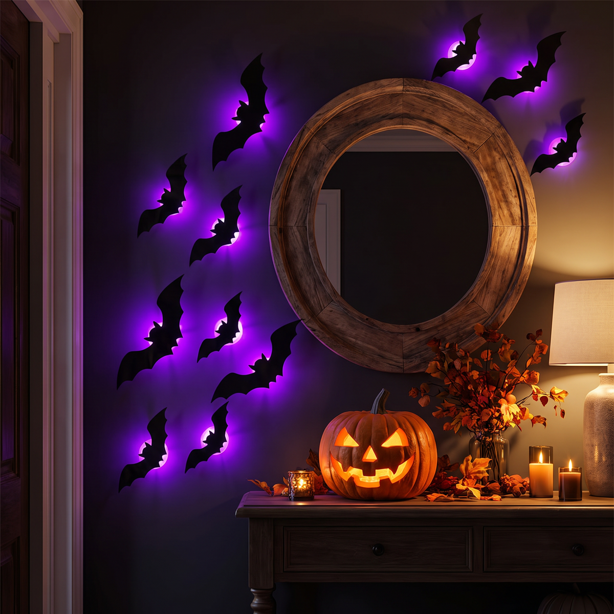 Glowing bat wall stickers around an entryway mirror