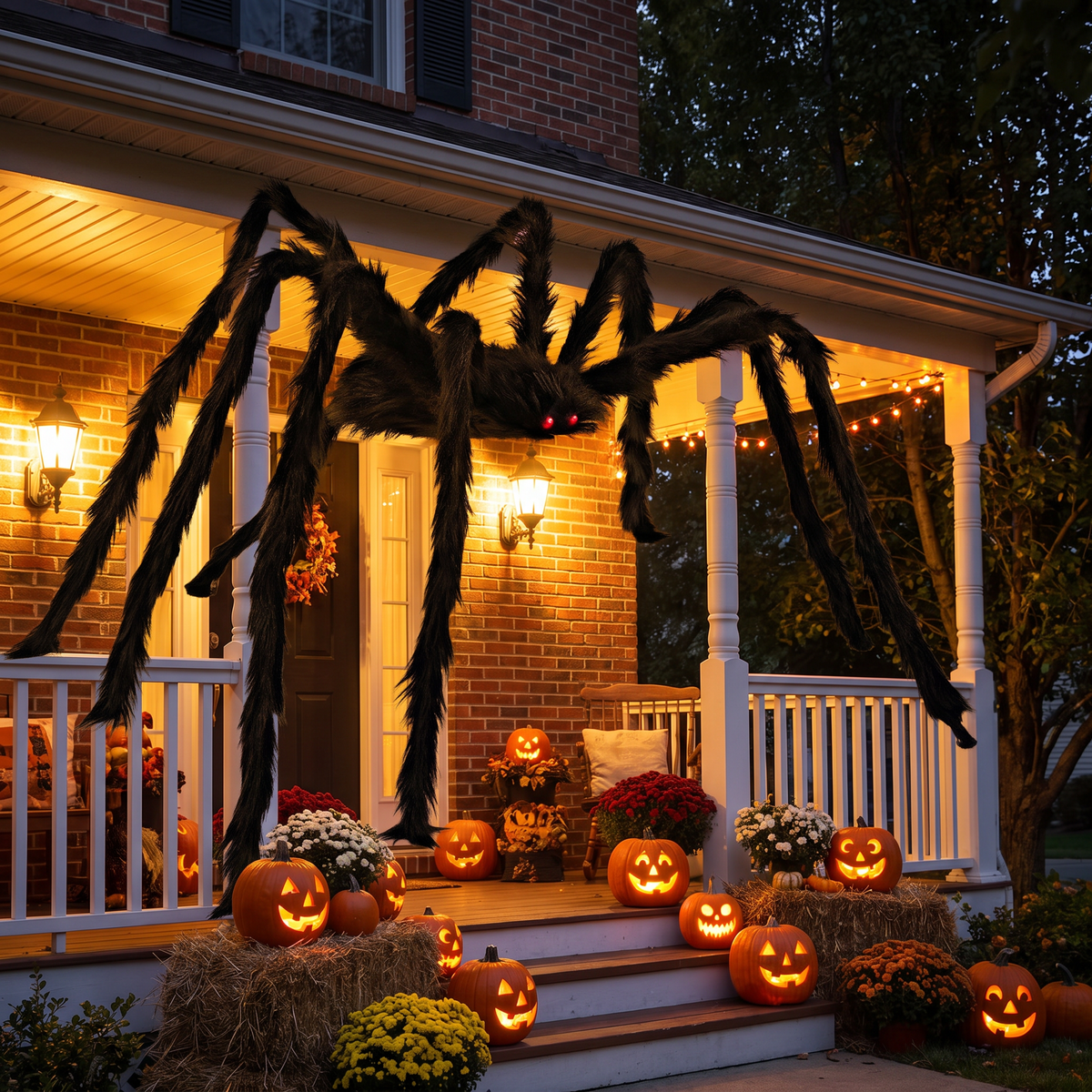 Giant Halloween spider on a porch roof at night