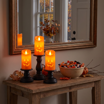 Pumpkin candlesticks on an entryway console