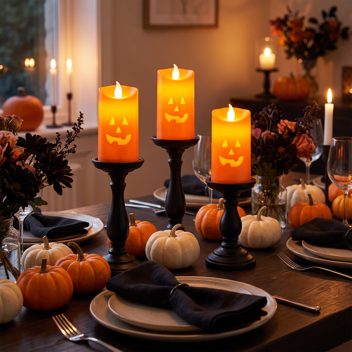 Pumpkin candlesticks as a Halloween dinner centrepiece