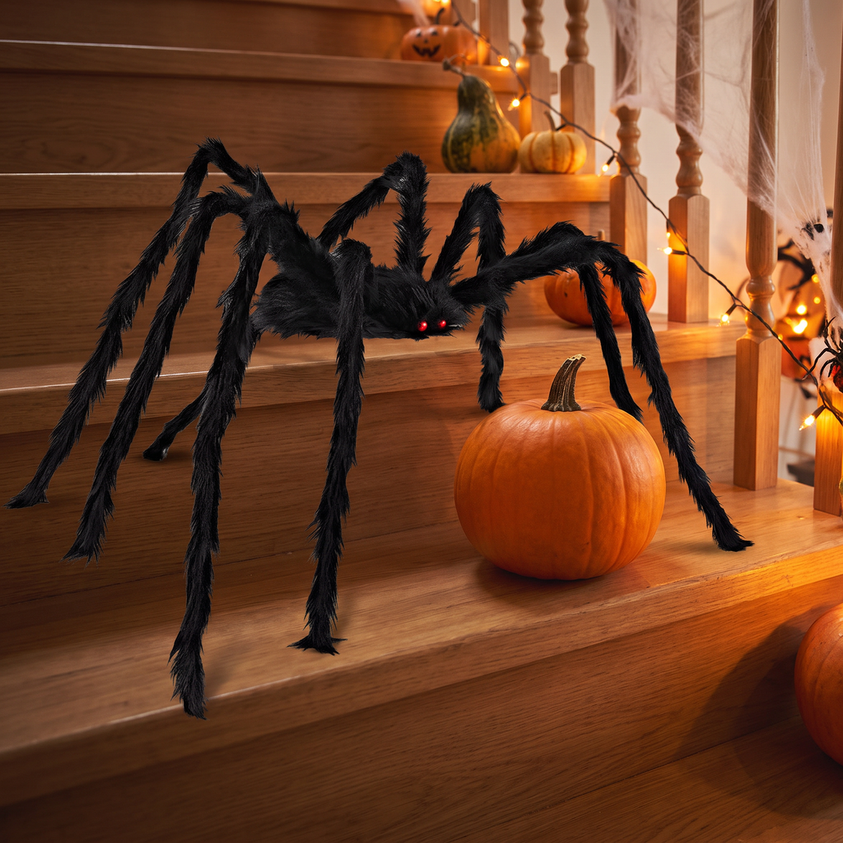 Halloween spider on an indoor staircase