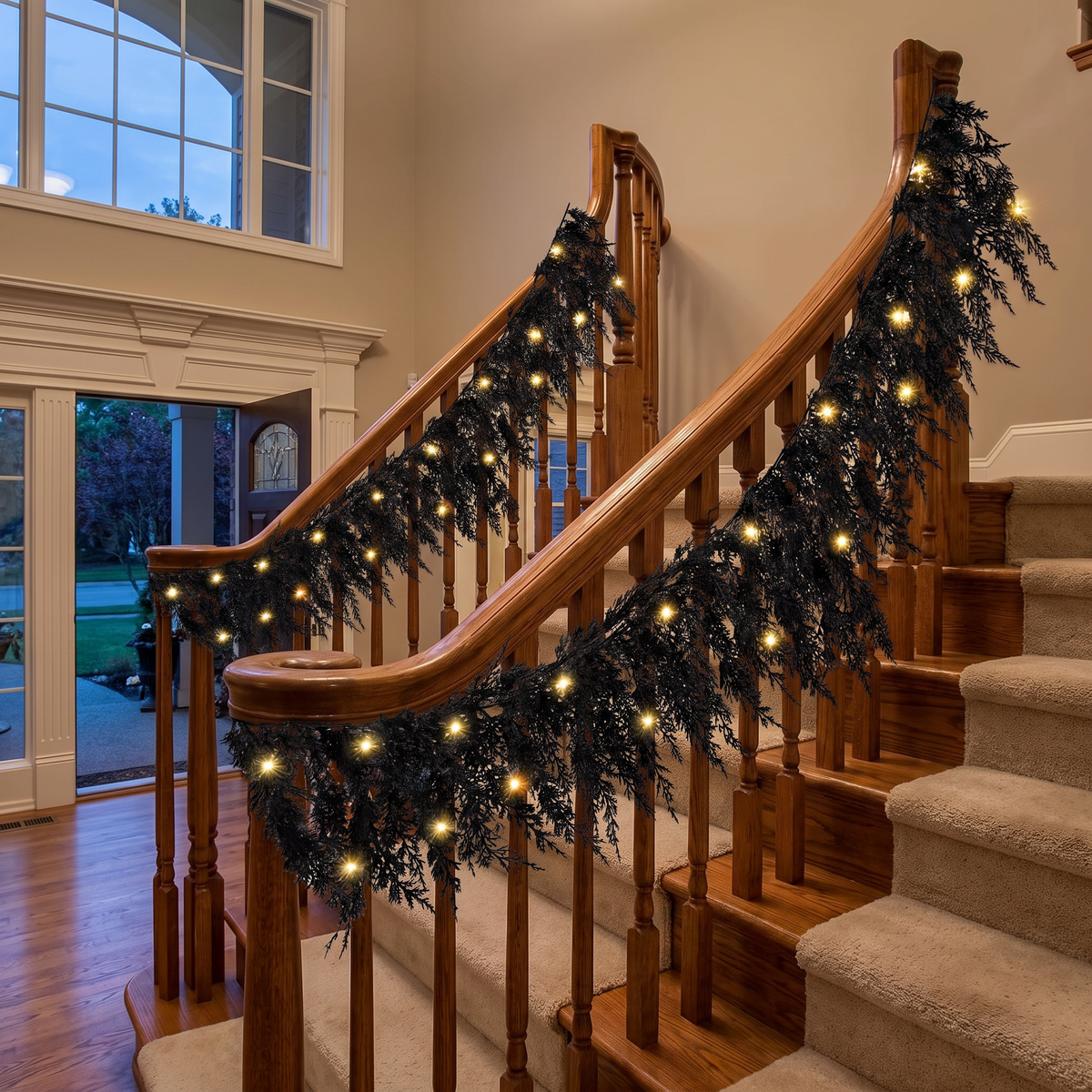 Black garland wrapped on a staircase banister