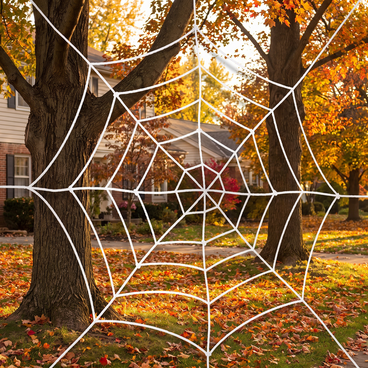 White spider web between trees in a front yard