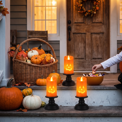 Pumpkin candlesticks on front porch steps