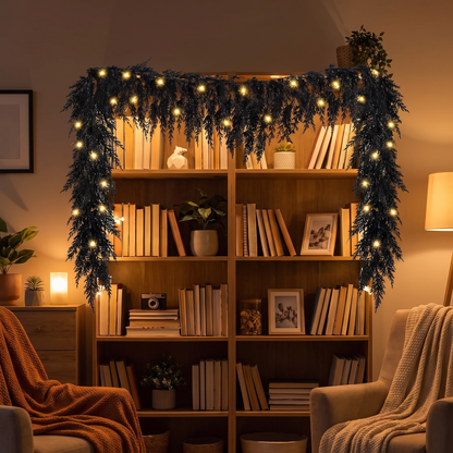 Black garland draped over a bookshelf