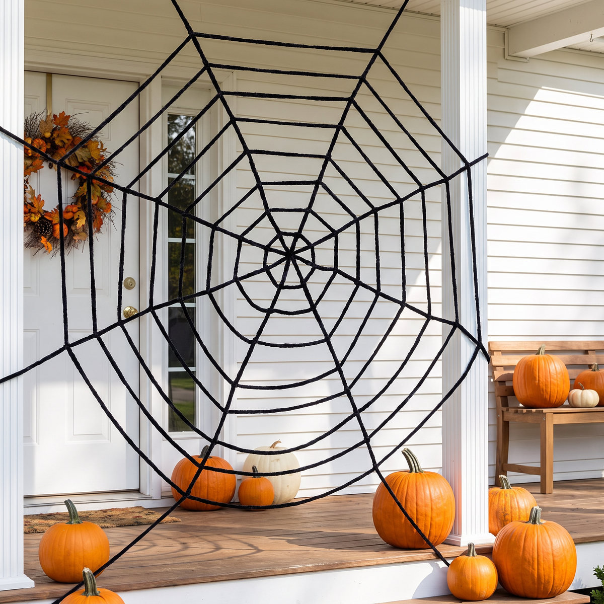 Black round spider web on a front door