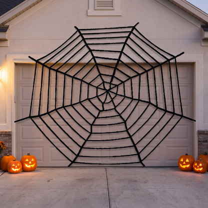 Black spider web across a garage door