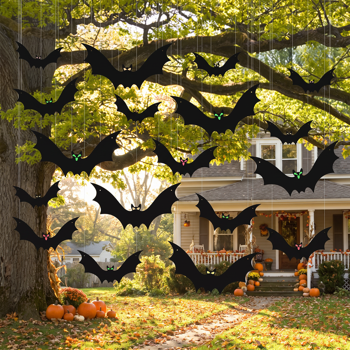 Hanging bat decorations in a tree