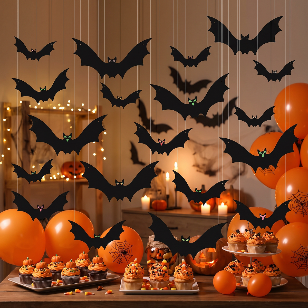 Hanging bats over a Halloween dessert table