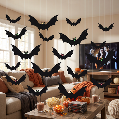 Hanging bats over a living room movie night
