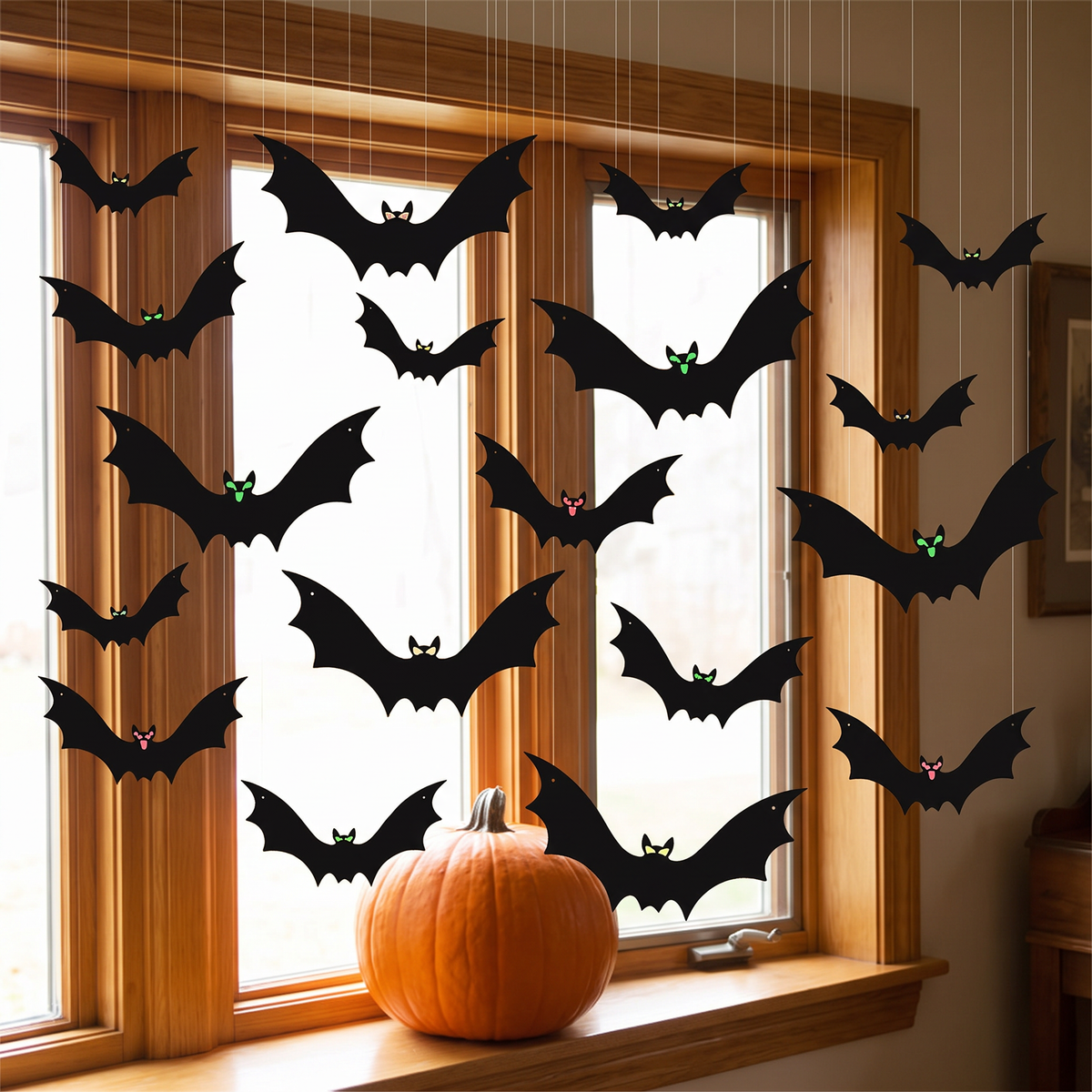 Hanging bats in a front window