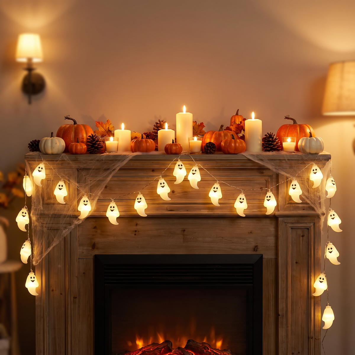 Ghost string lights on a fireplace mantel