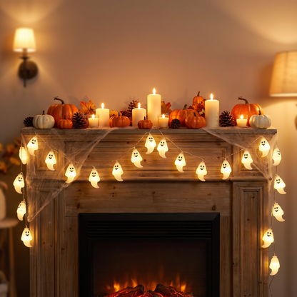 Ghost string lights on a fireplace mantel