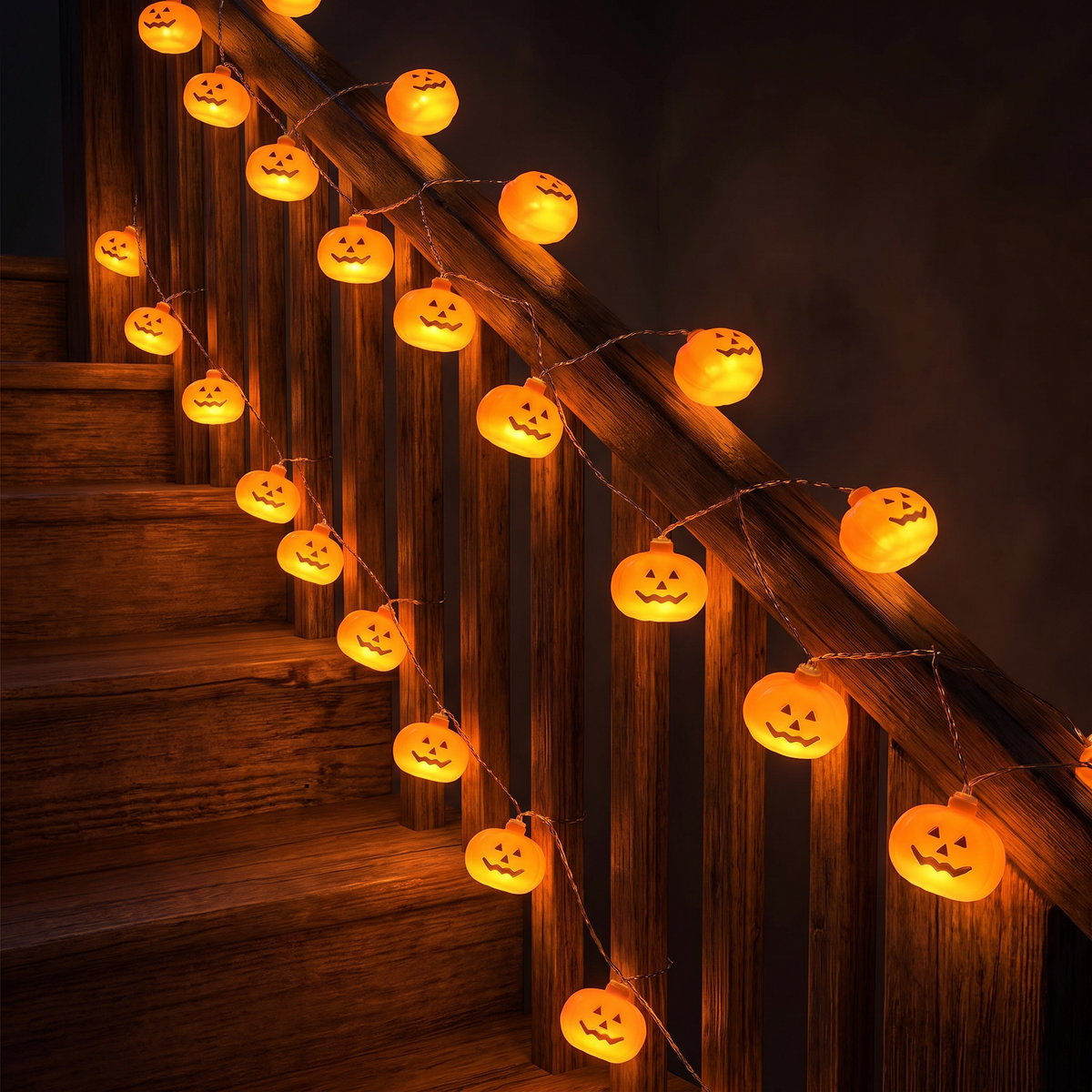 Pumpkin string lights on a staircase