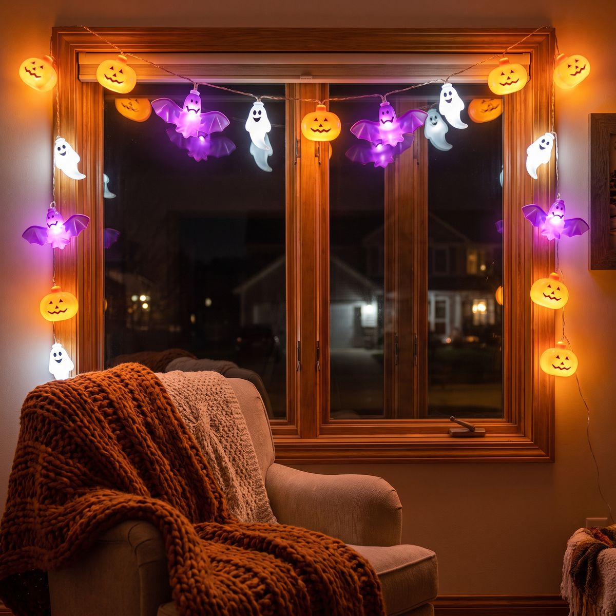 Halloween string lights framing a window