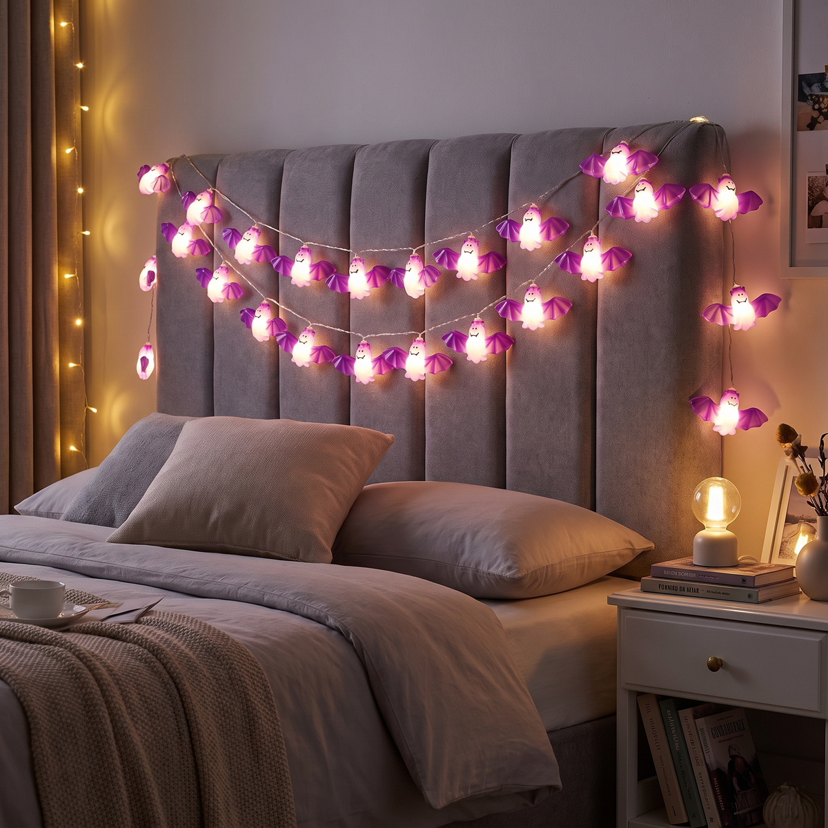 Bat string lights on a bed headboard