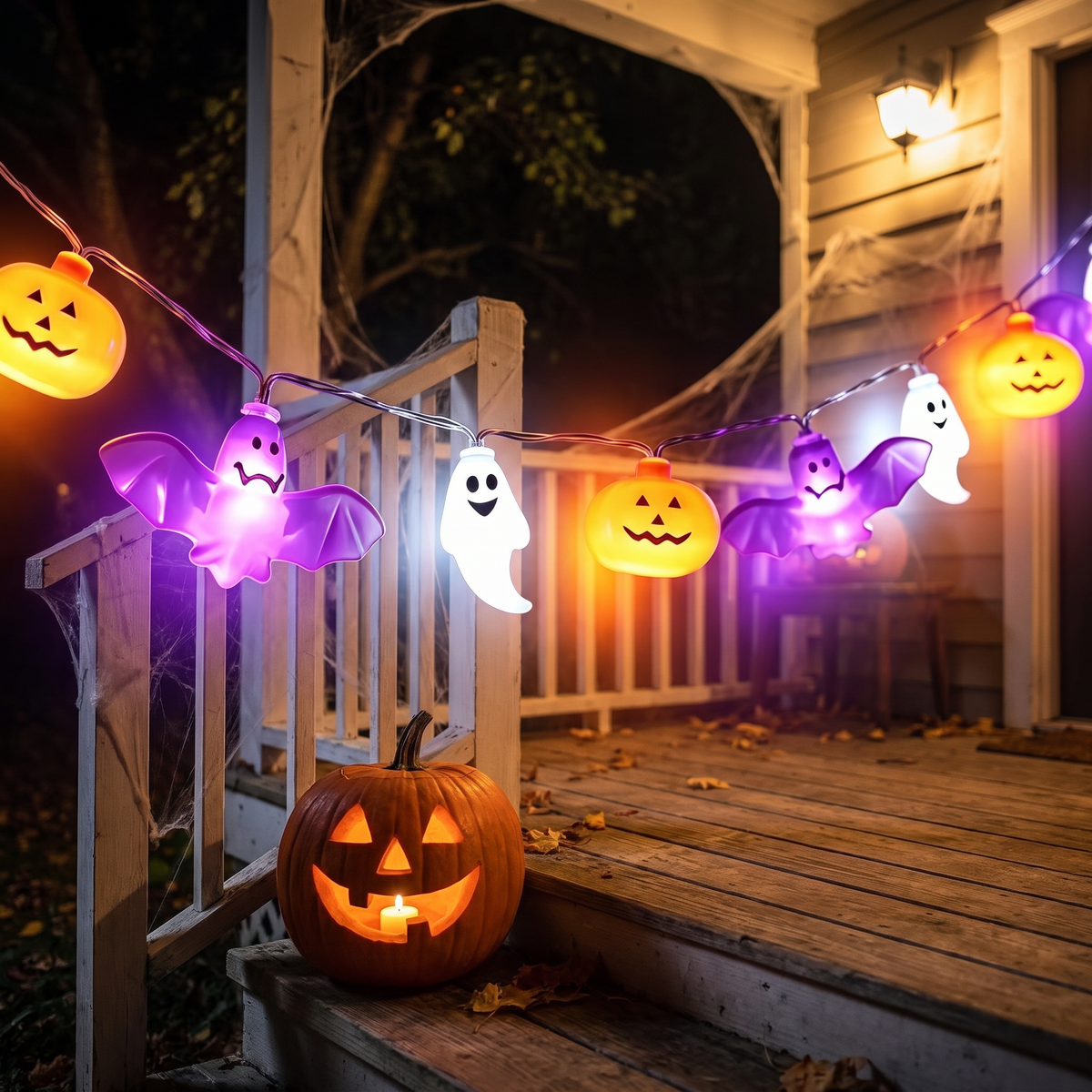 Pumpkin, ghost and bat string lights on a porch railing
