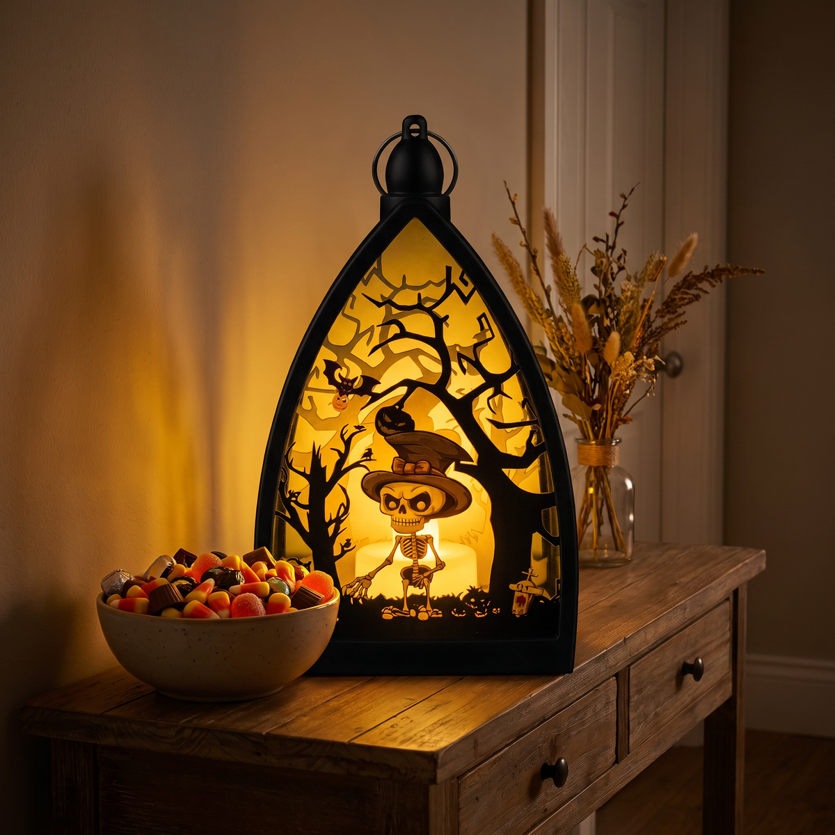 Skull knight lantern on an entryway console