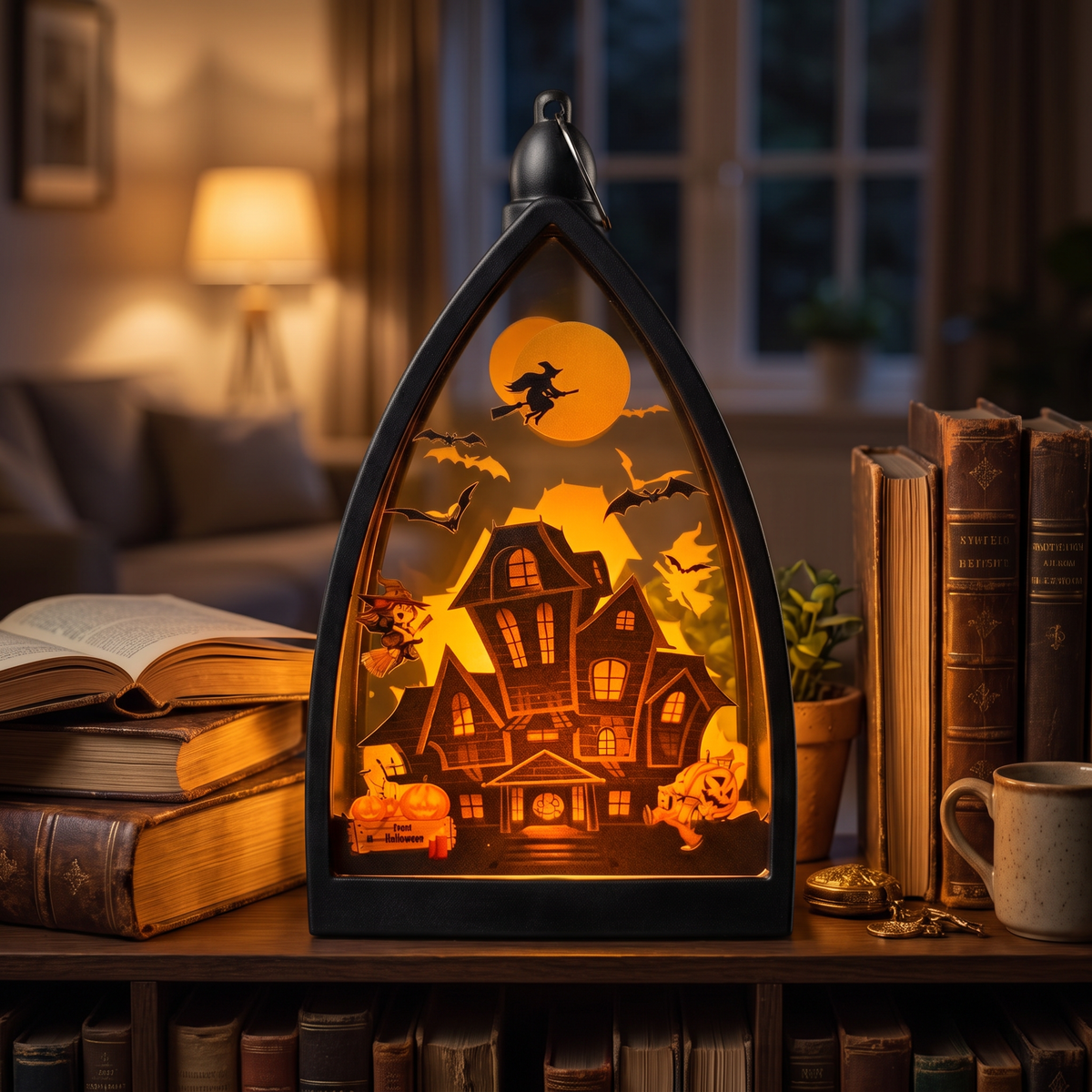 Ghost castle lantern on a bookshelf