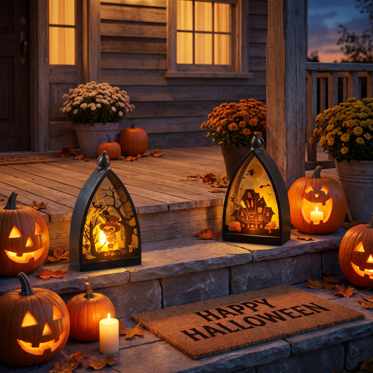 Halloween lanterns on front porch steps