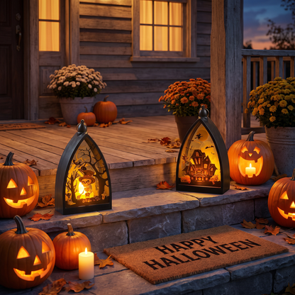 Halloween lanterns on front porch steps