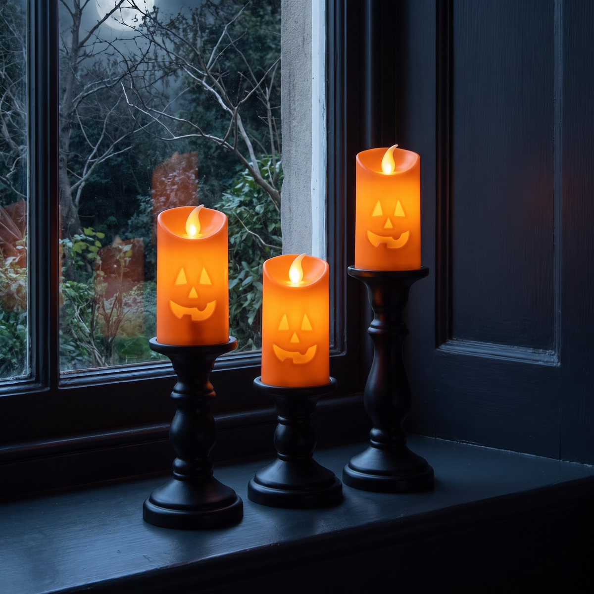 Pumpkin candlesticks on a windowsill at night