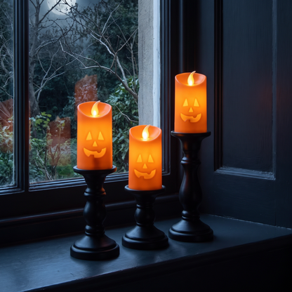 Pumpkin candlesticks on a windowsill at night