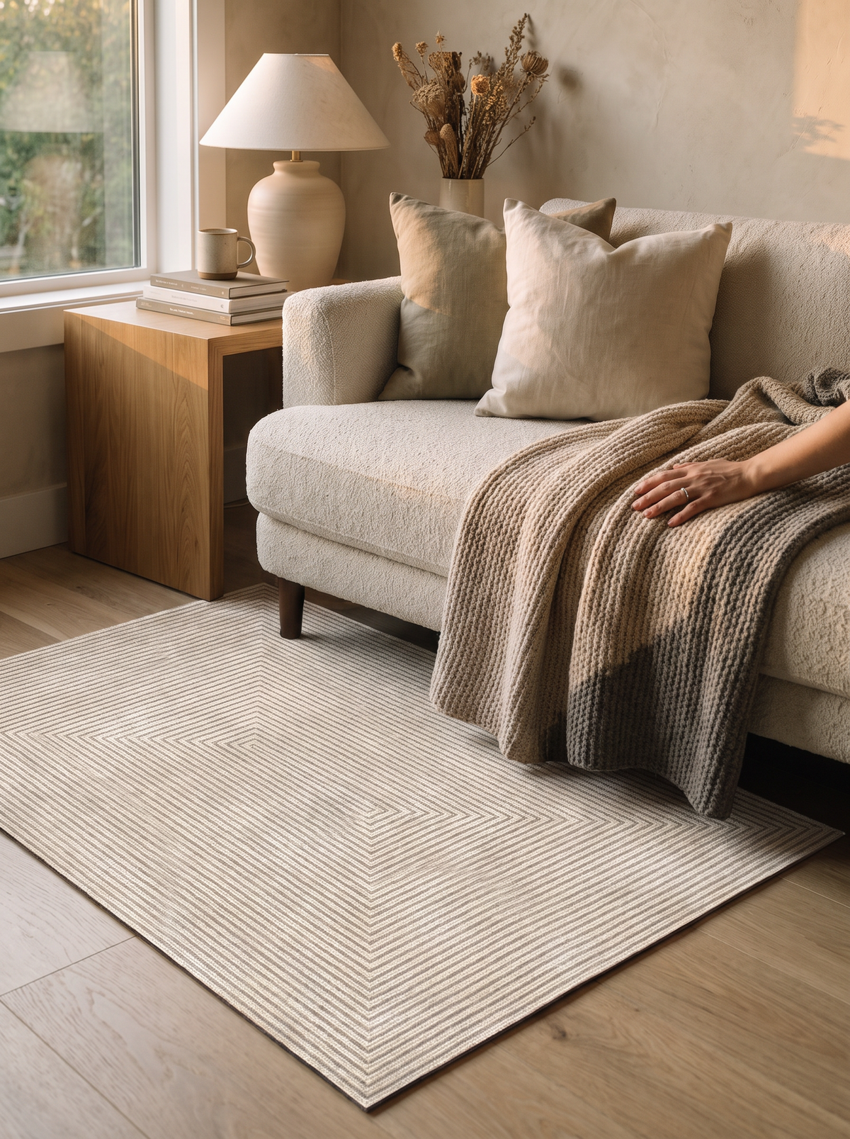 Textured neutral diatomite bath mat in a minimalist bathroom