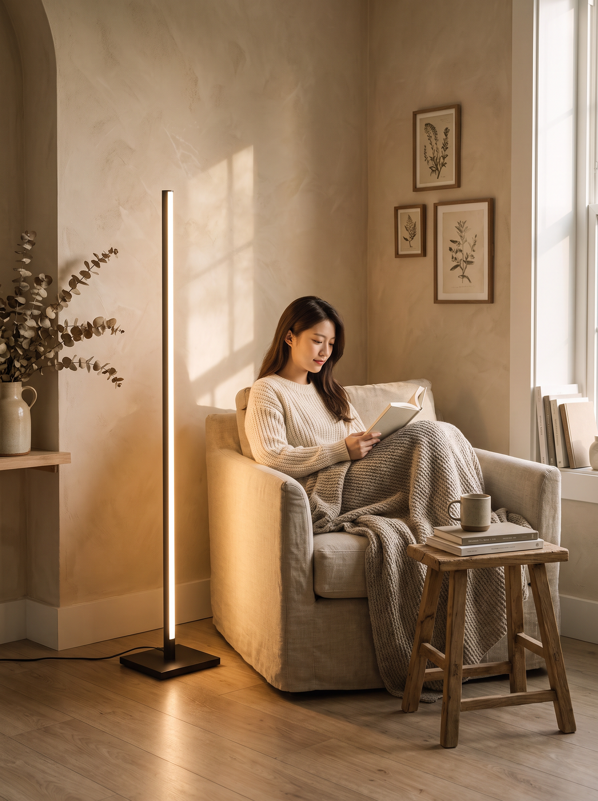 Slim LED corner lamp lifestyle, Warm Calm or Bold Colour