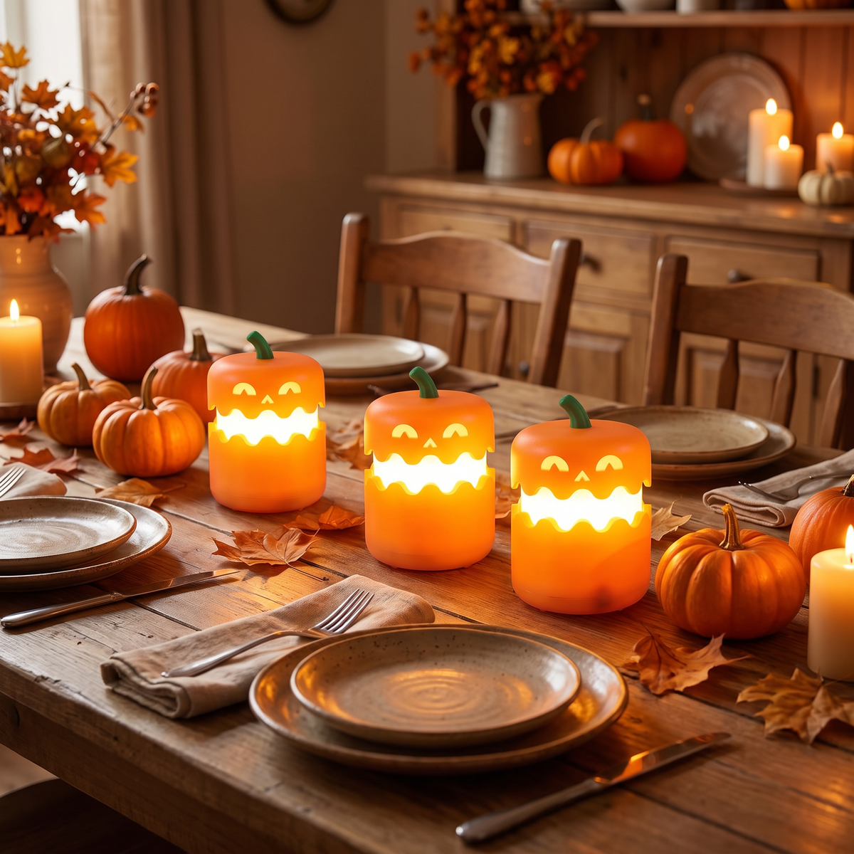 Three pumpkin night lights as a Halloween dinner table centrepiece