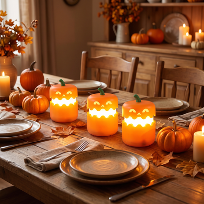 Three pumpkin night lights as a Halloween dinner table centrepiece