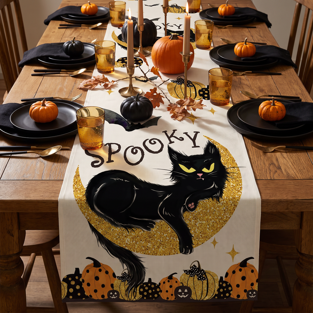 Spooky black cat Halloween linen table runner on a dinner party table