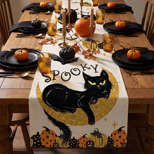 Spooky black cat Halloween linen table runner on a dinner party table